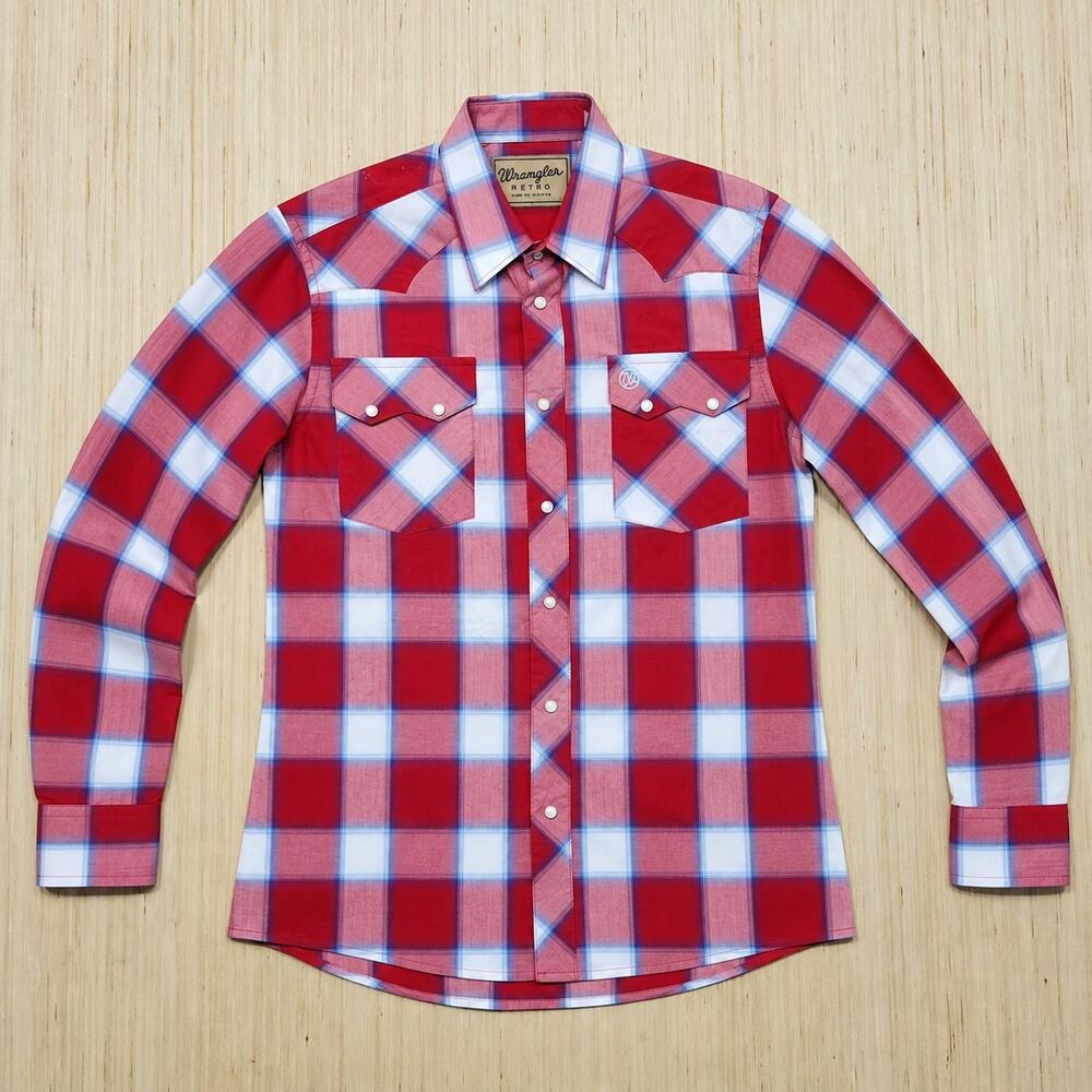Wrangler Retro Western Shirt Boys XL 14-16 Red Blue Plaid Pearl Snap 100% Cotton